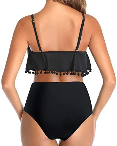 2 Piece Adjustable Spaghetti Straps Removable High Waisted Bikini-Black