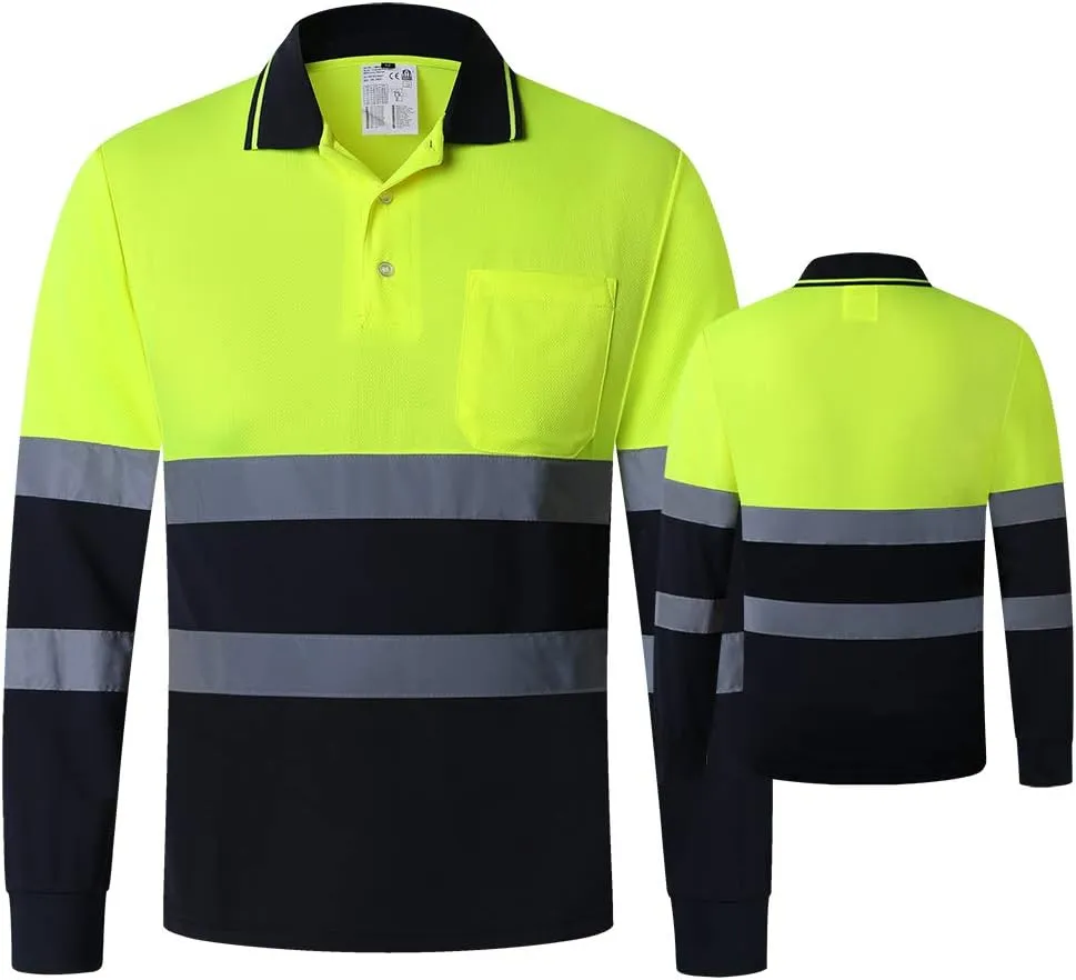 ANSI Class 2 Hi Vis Shirts Yellow Navy Long Sleeve Reflective Polo Shirt Safety Work Shirt for Construction Men and Women