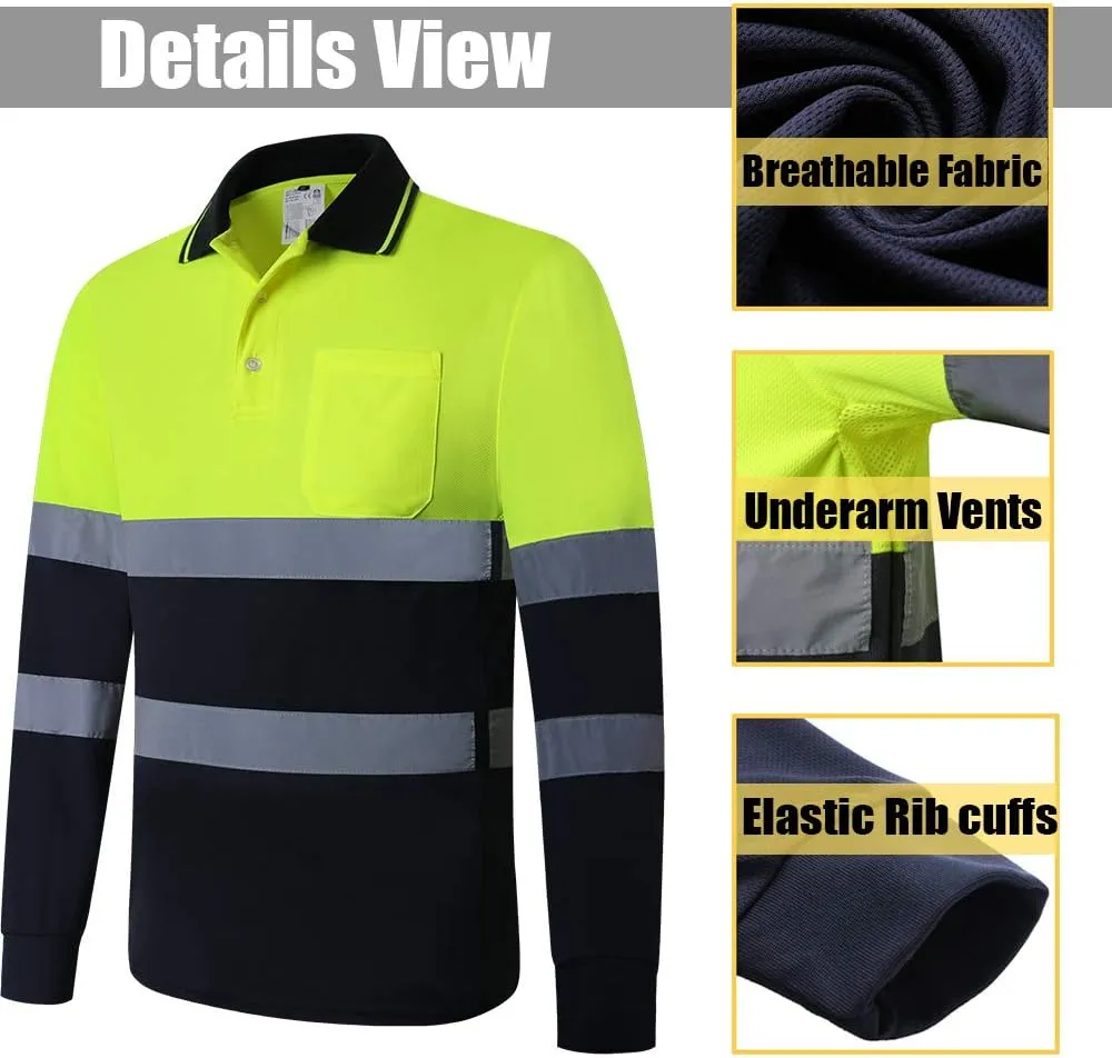 ANSI Class 2 Hi Vis Shirts Yellow Navy Long Sleeve Reflective Polo Shirt Safety Work Shirt for Construction Men and Women