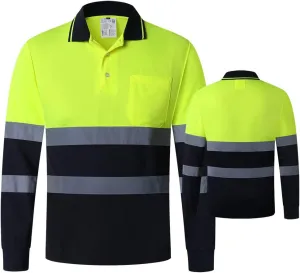 ANSI Class 2 Hi Vis Shirts Yellow Navy Long Sleeve Reflective Polo Shirt Safety Work Shirt for Construction Men and Women