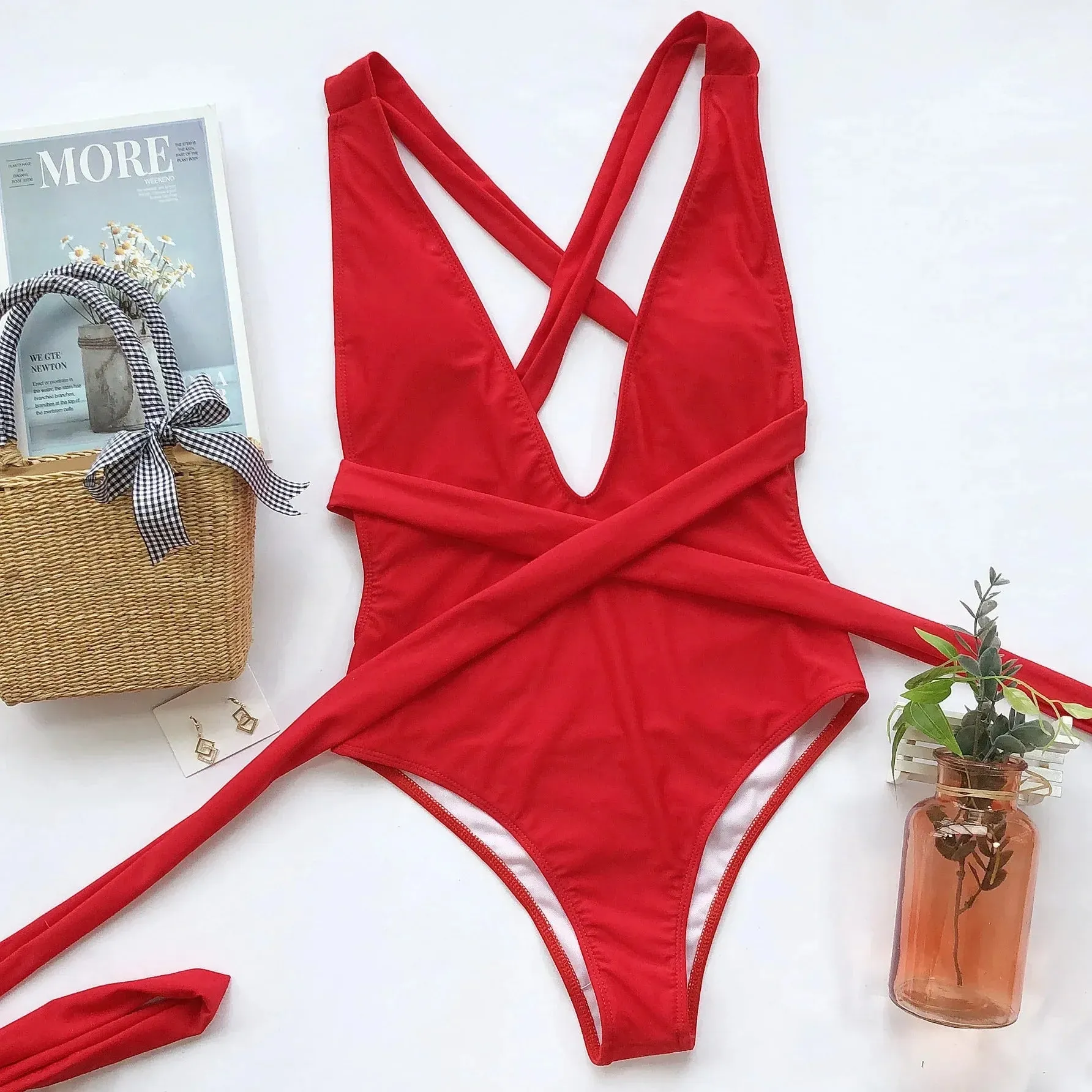 Beach Babe Essential Women's Strappy Plunging One-Piece Swimsuit