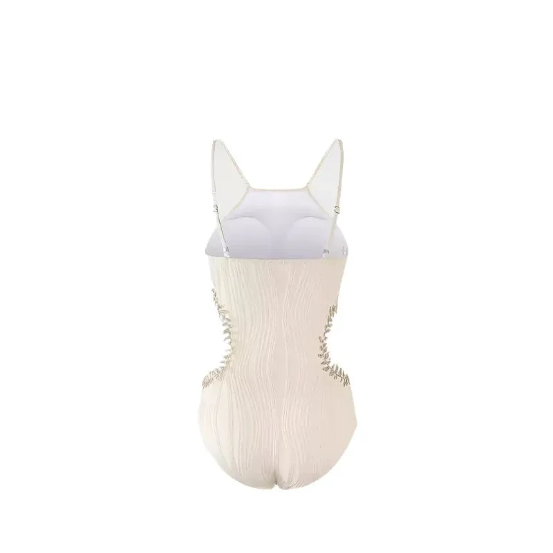 Beige Embellished Side Cutout Monokini Swimwear By Sinderella