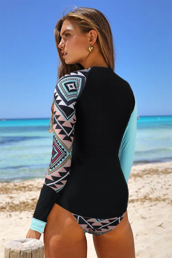 Blue Boho Print Split Long Sleeve UPF50  Rash Guard