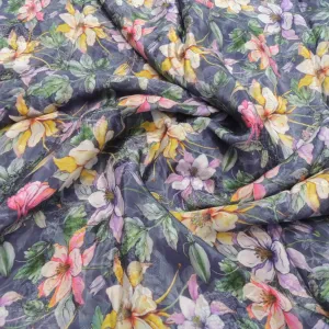 Blue Floral Digital Print Jacquard On Viscose Crepe Fabric
