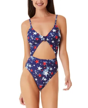 California Waves Junior's Splatter Star Knotted Front Cut Out One Piece Swimsuit Blue
