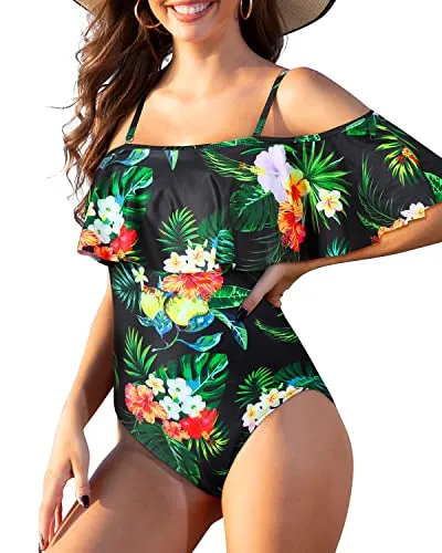 Chic Off Shoulder One Piece Swimsuit With Spaghetti Straps-Black Leaf