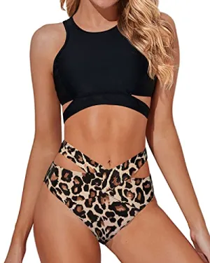 Criss Cross Bandage Bathing Suit Strappy Two Piece Swimsuits-Black And Leopard