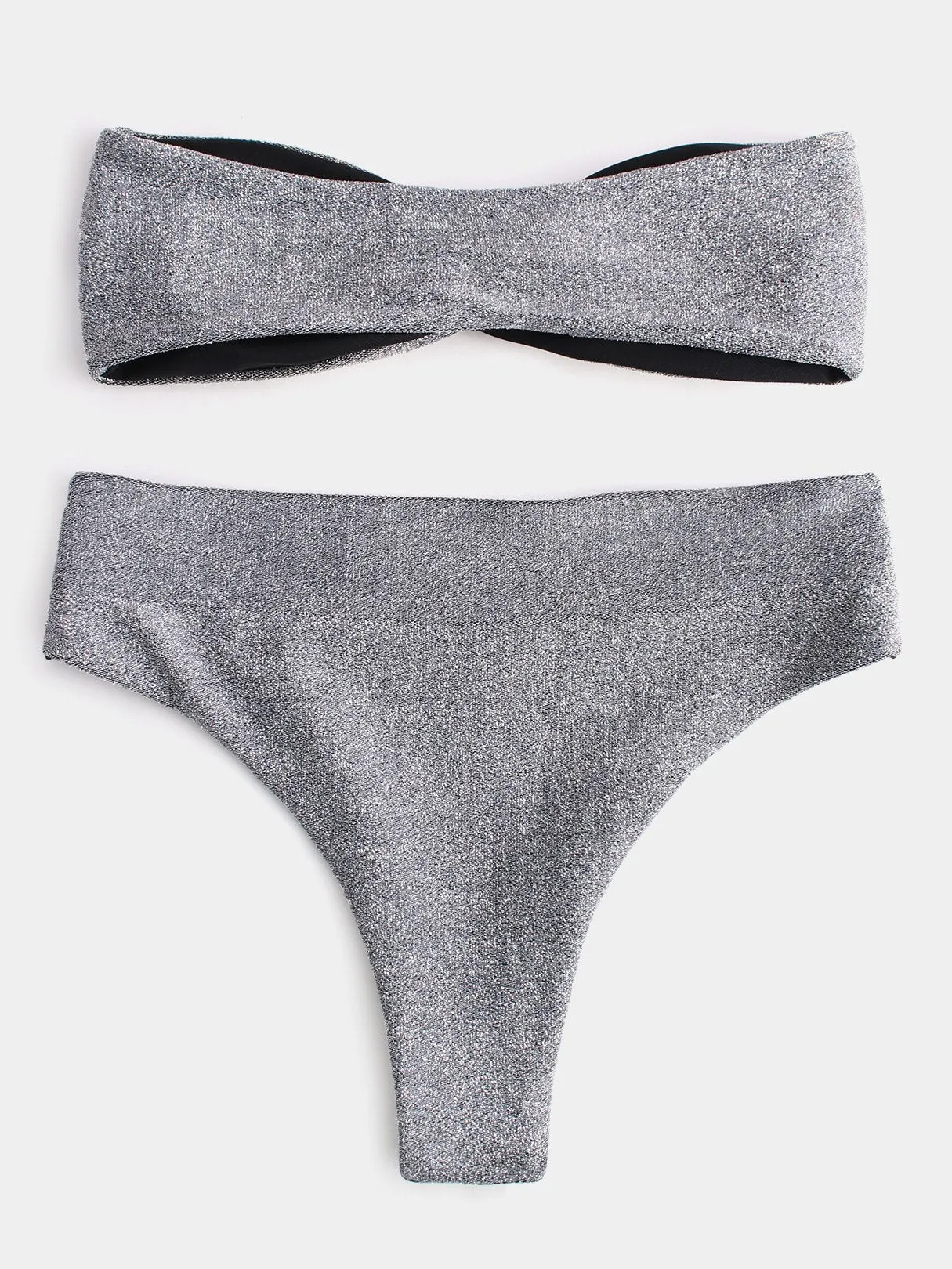 Custom Bateau Plain Crossed Front Twist Sleeveless Grey Bikini Set