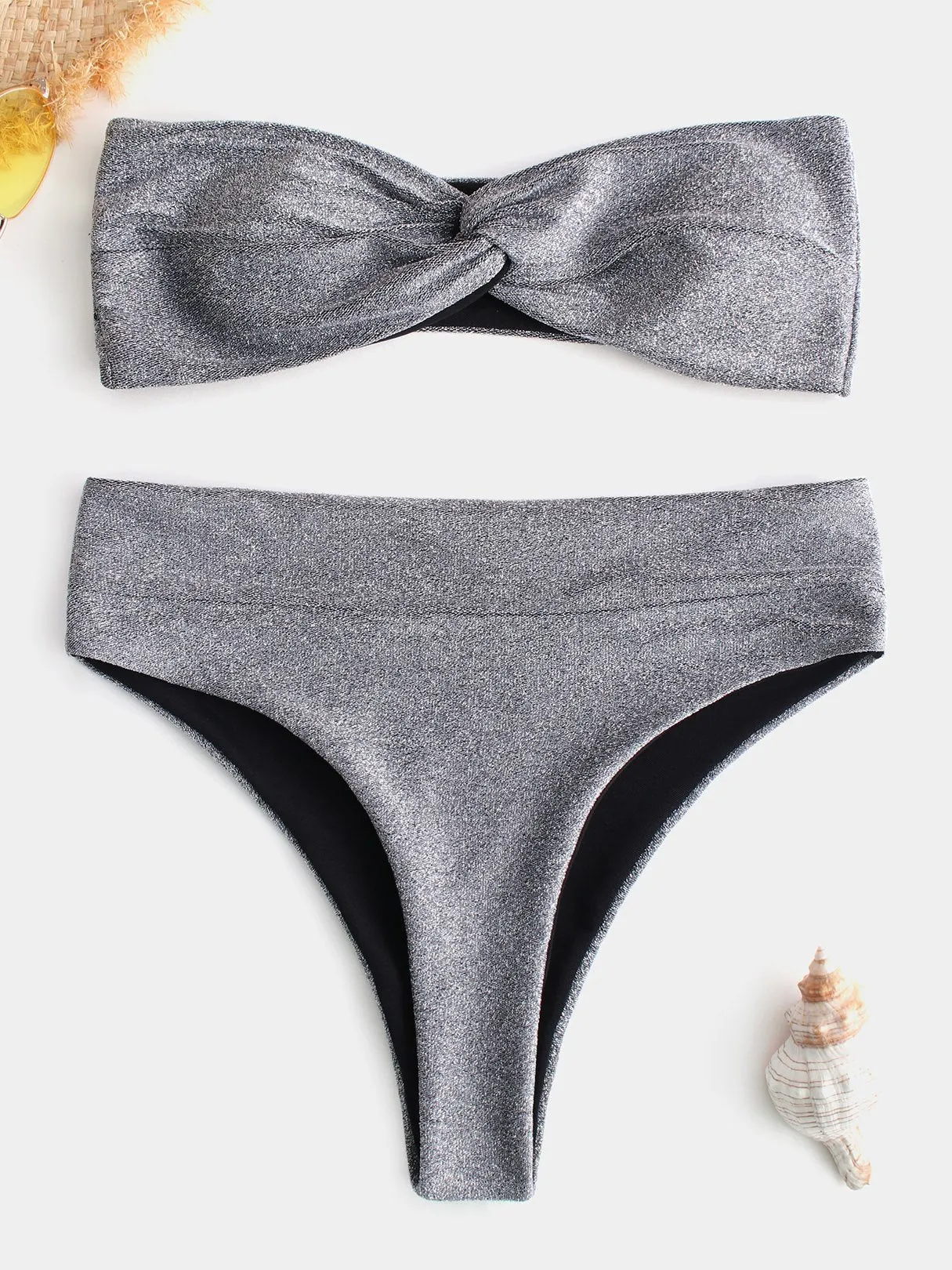 Custom Bateau Plain Crossed Front Twist Sleeveless Grey Bikini Set