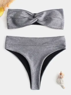 Custom Bateau Plain Crossed Front Twist Sleeveless Grey Bikini Set