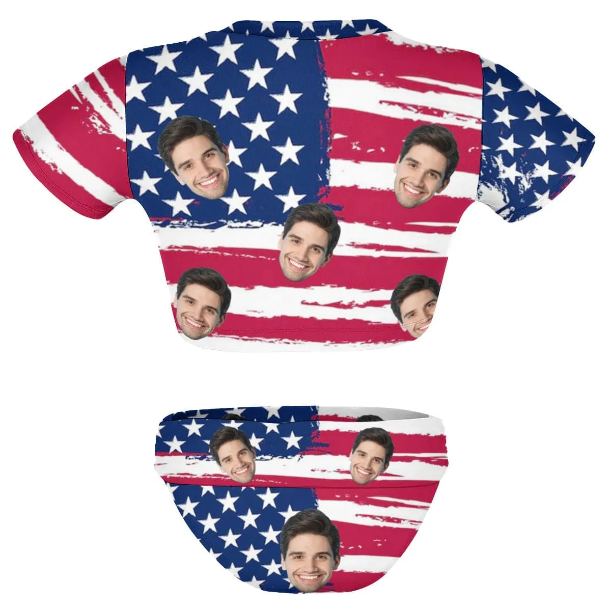 Custom Face American Flag Short Sleeve Crew Neck Bikini Personalized Women's Two Piece Swimsuit Beach Outfits