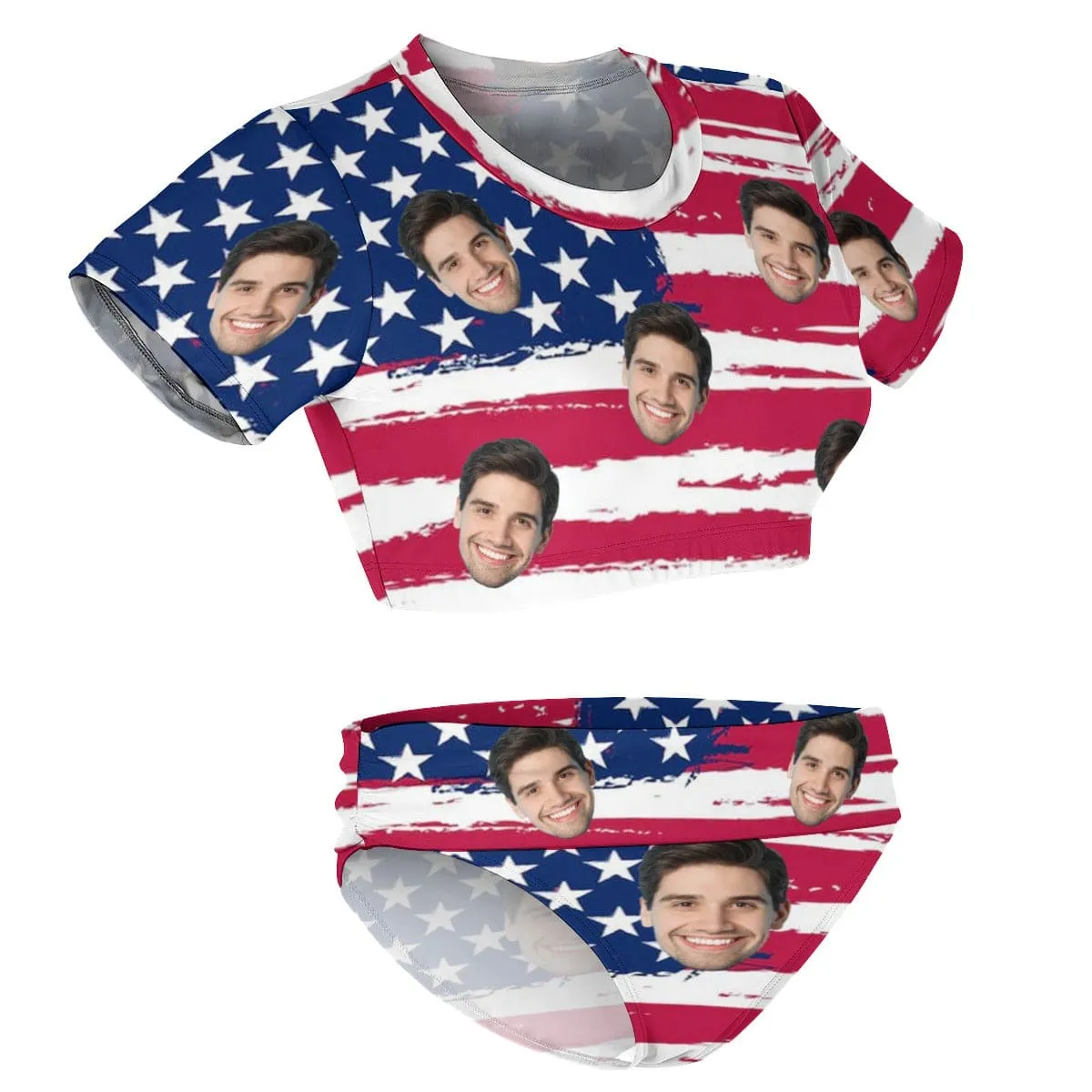 Custom Face American Flag Short Sleeve Crew Neck Bikini Personalized Women's Two Piece Swimsuit Beach Outfits