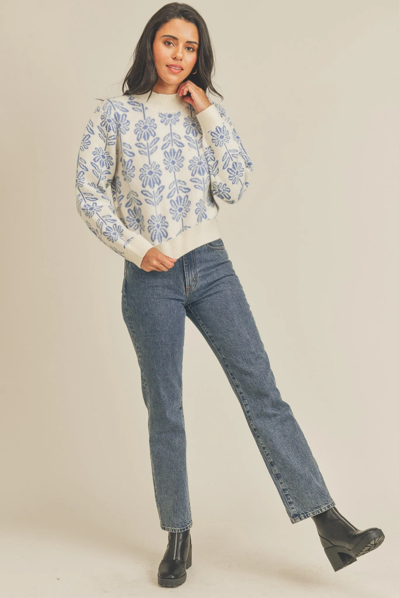 Deep Babyblue Floral Pattern Knit Sweater