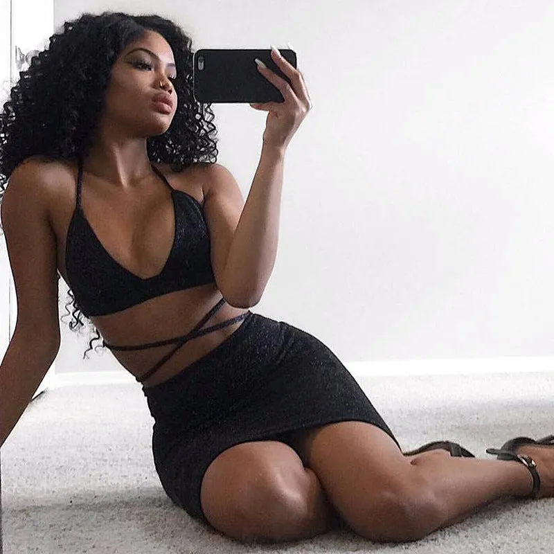 Deep V-neck Bandage Backless Crop Top High Waist Knee-length Skirt Women Two Pieces Set