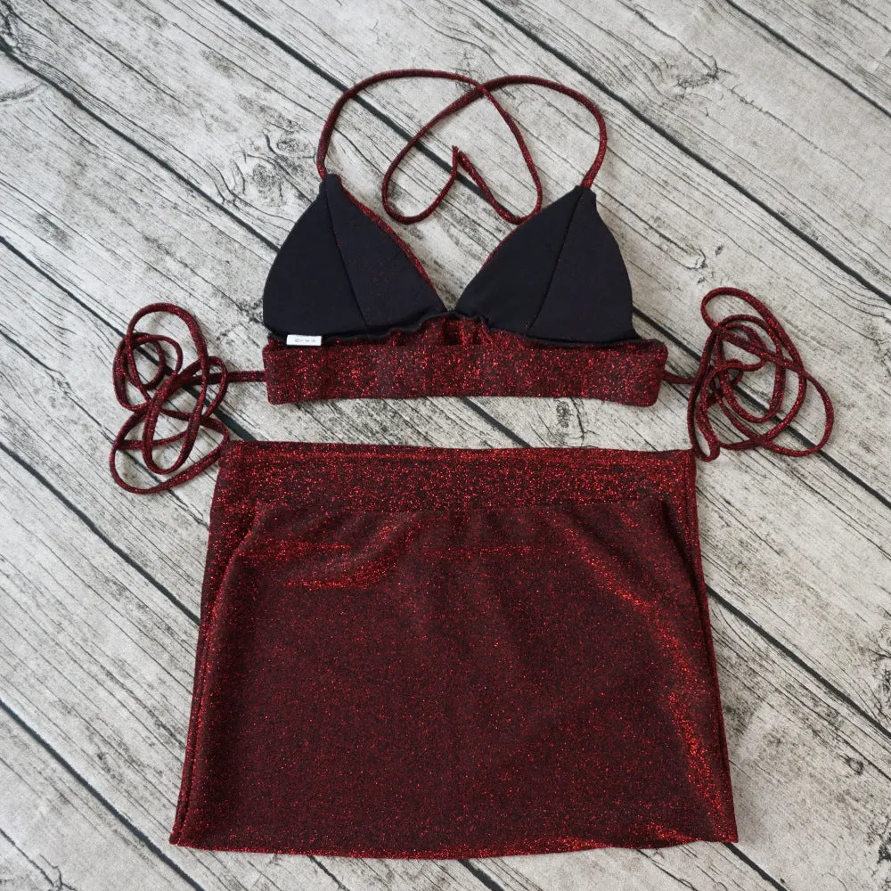 Deep V-neck Bandage Backless Crop Top High Waist Knee-length Skirt Women Two Pieces Set