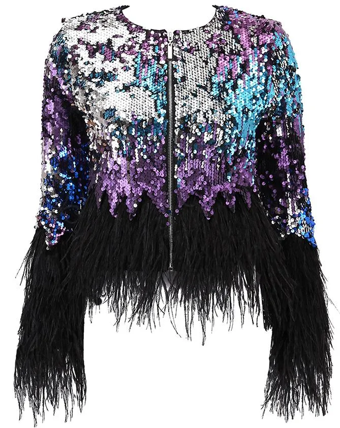 Feather-Trimmed Sequin-Embellished Jacket