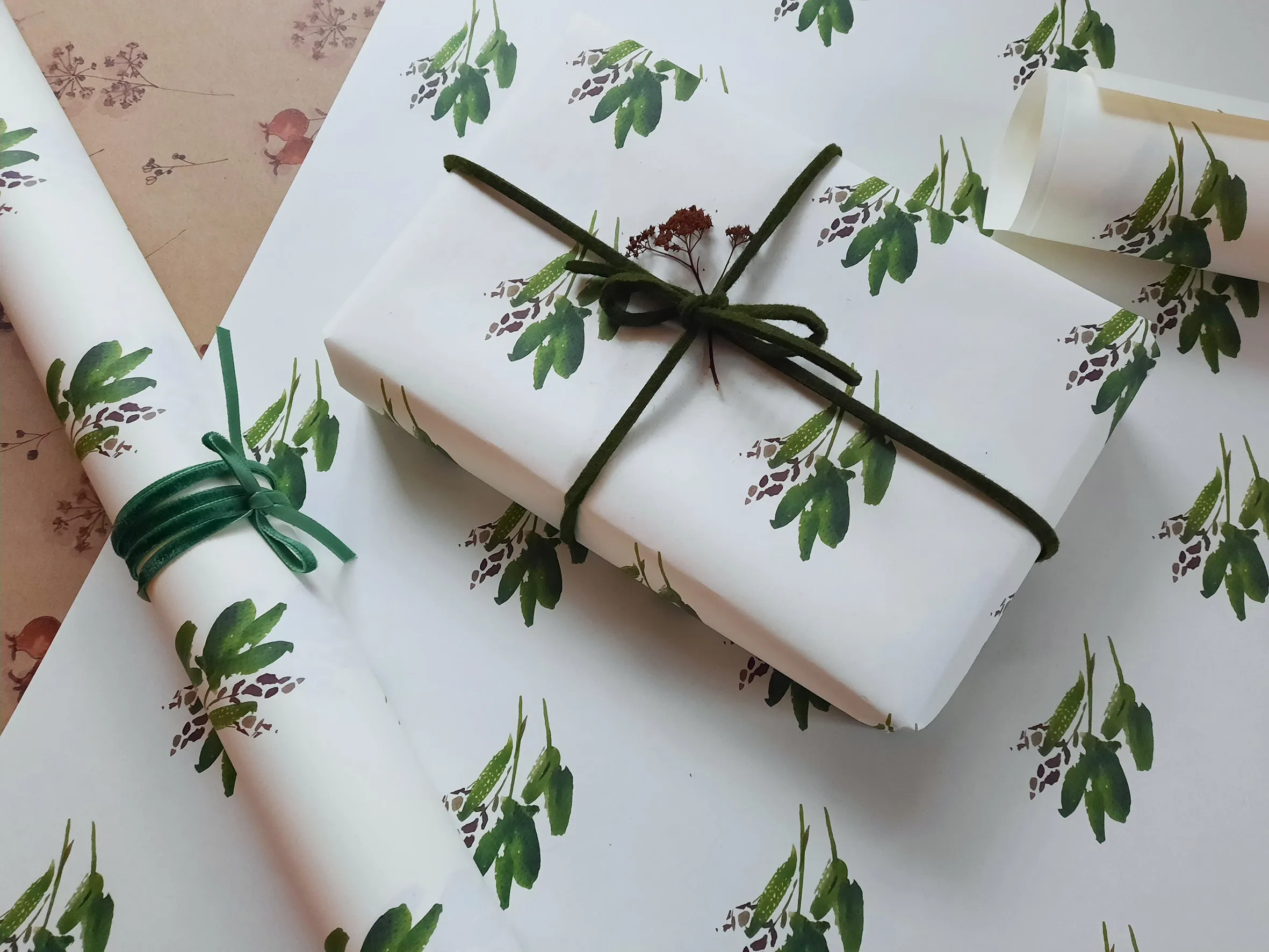 Green leaves pure white wrapping paper