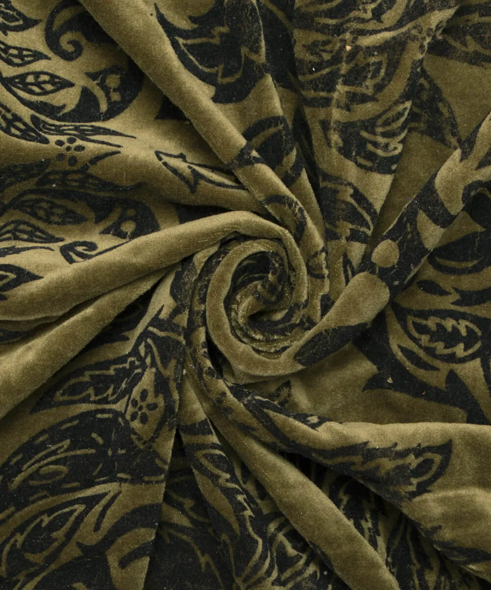 Khaki Colour Floral Digital Print Cotton Velvet Fabric