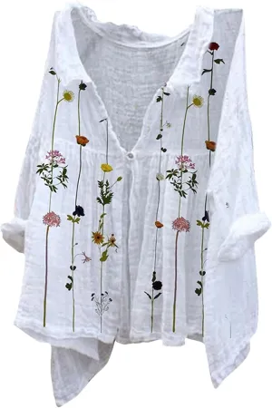 Linen Shirts for Women Print Natural Autumn Fragrant Fabric Shirt Blue Shirts for Women Oversized Button Down Shirts