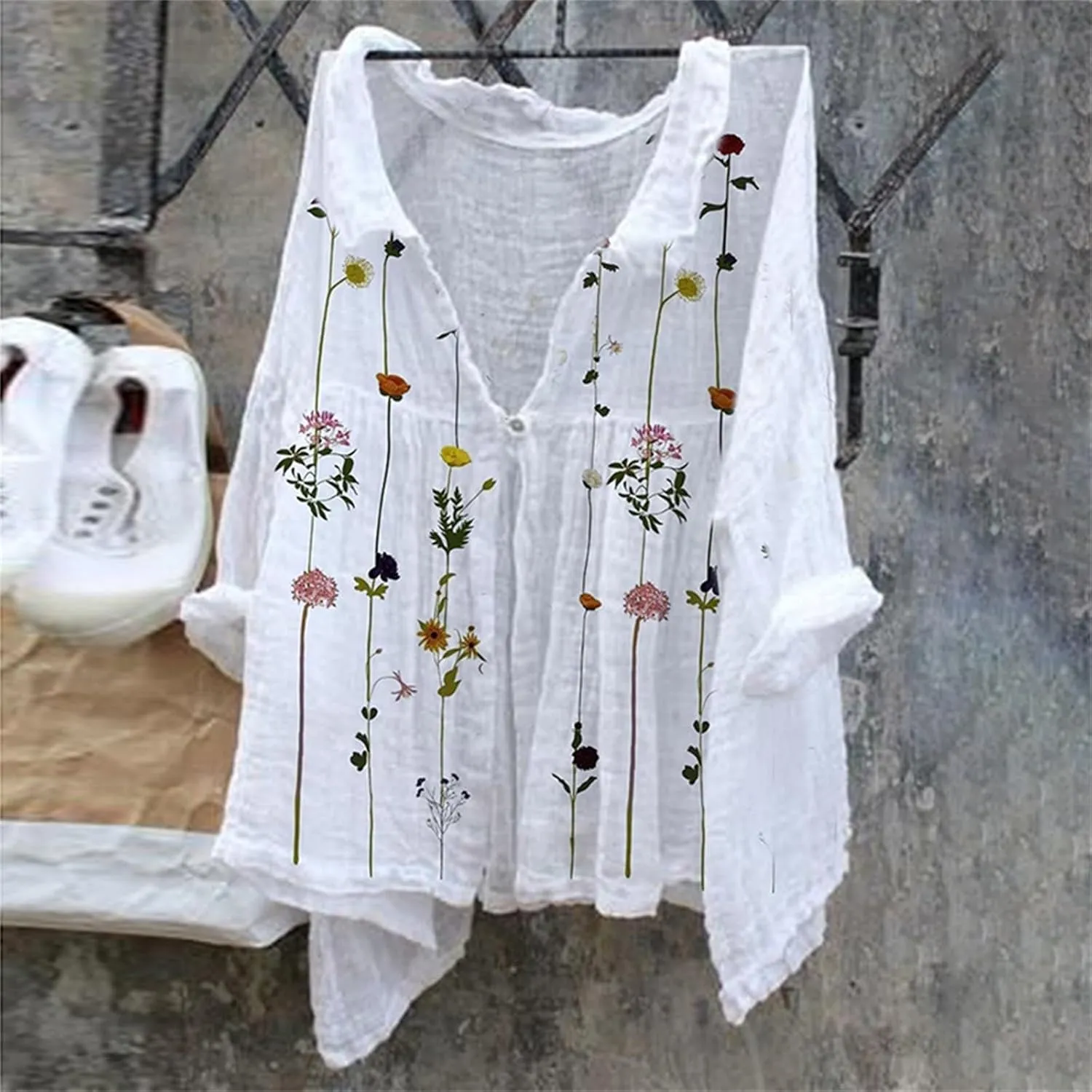 Linen Shirts for Women Print Natural Autumn Fragrant Fabric Shirt Blue Shirts for Women Oversized Button Down Shirts
