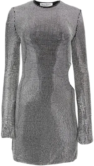 Mach & Mach Crystal Mesh Cut Out Mini Dress in Silver