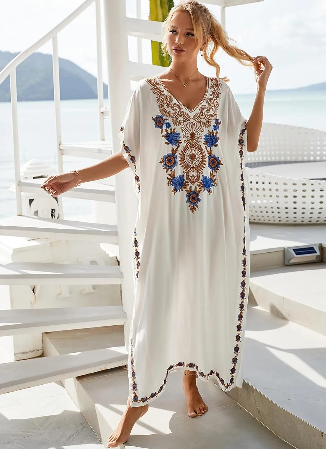 Moroccan Kaftan Dresses for Women Plus Size Caftans Loungewear Embroidered Beach Kaftan Cover up mumu House Dress