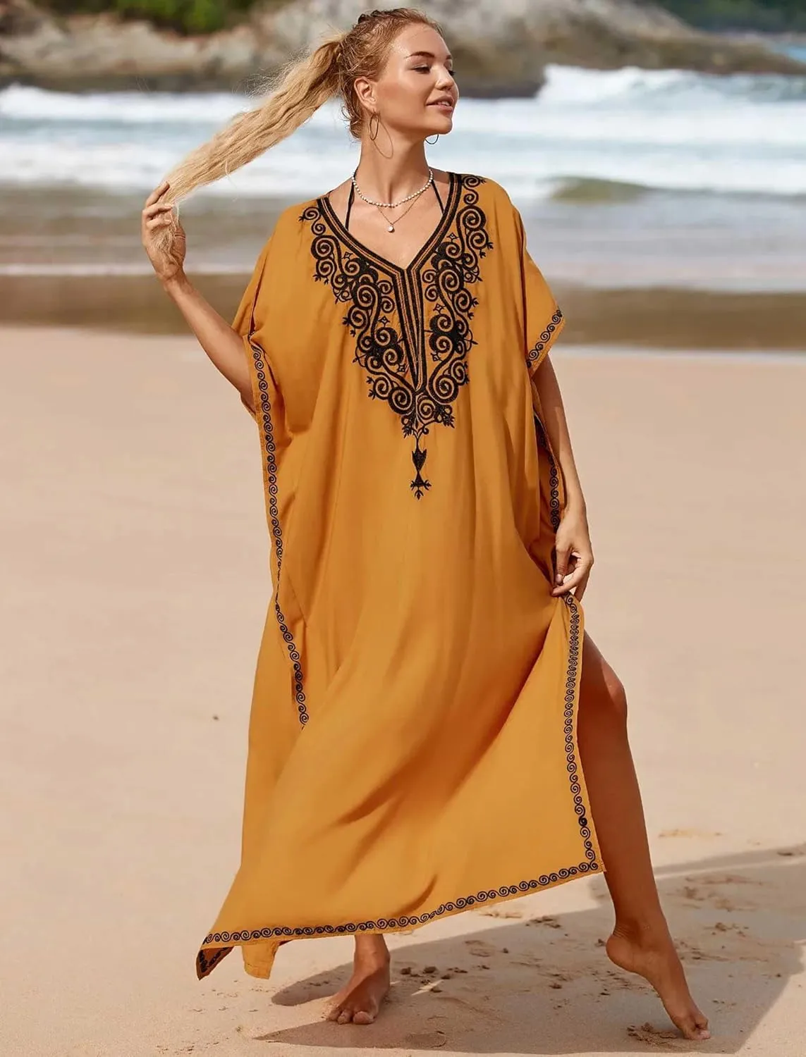 Moroccan Kaftan Dresses for Women Plus Size Caftans Loungewear Embroidered Beach Kaftan Cover up mumu House Dress