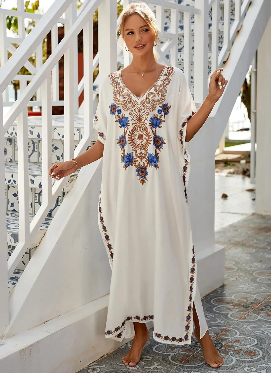 Moroccan Kaftan Dresses for Women Plus Size Caftans Loungewear Embroidered Beach Kaftan Cover up mumu House Dress
