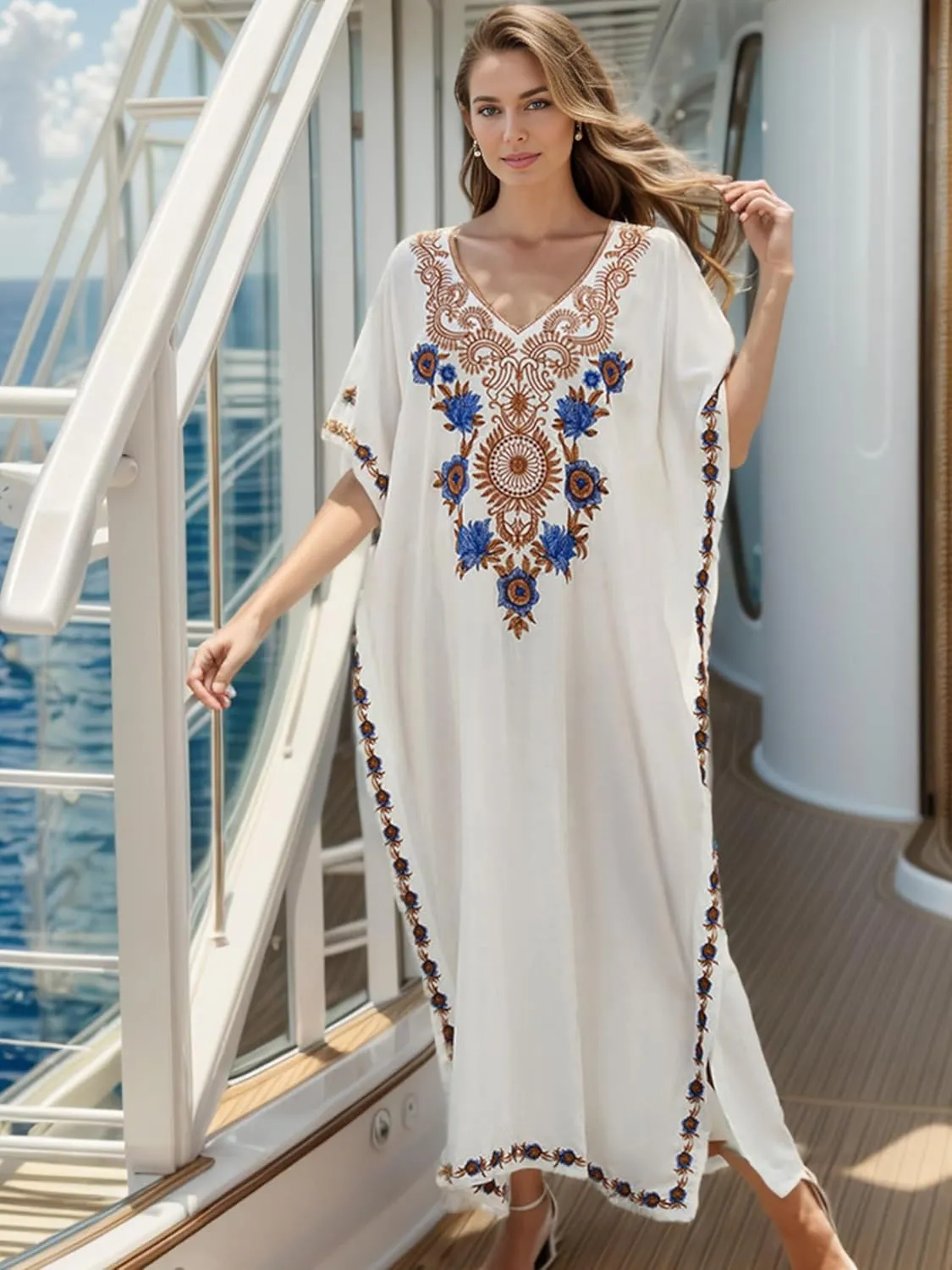 Moroccan Kaftan Dresses for Women Plus Size Caftans Loungewear Embroidered Beach Kaftan Cover up mumu House Dress