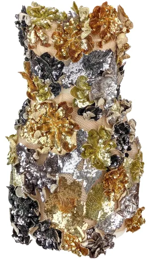 Oscar De La Renta Floral Sequin Embellished Cocktail Dress