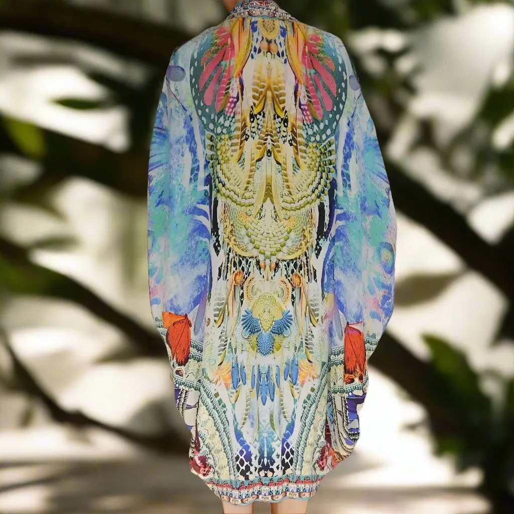 Paradise blue long silk Embellished cape