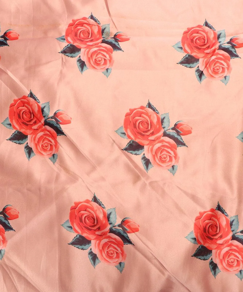 Peach Colour Floral Design Satin Moss Fabric