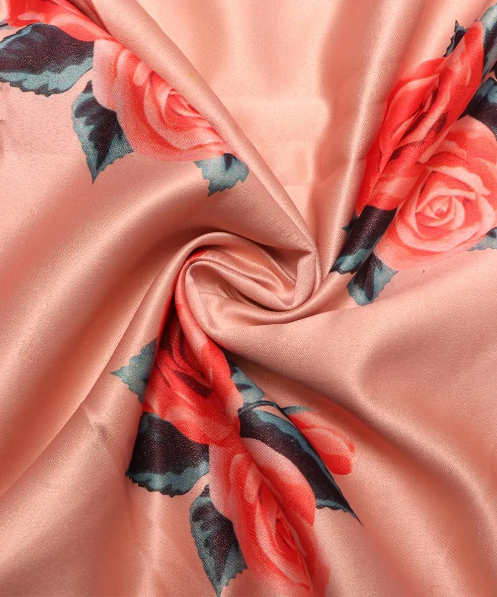 Peach Colour Floral Design Satin Moss Fabric