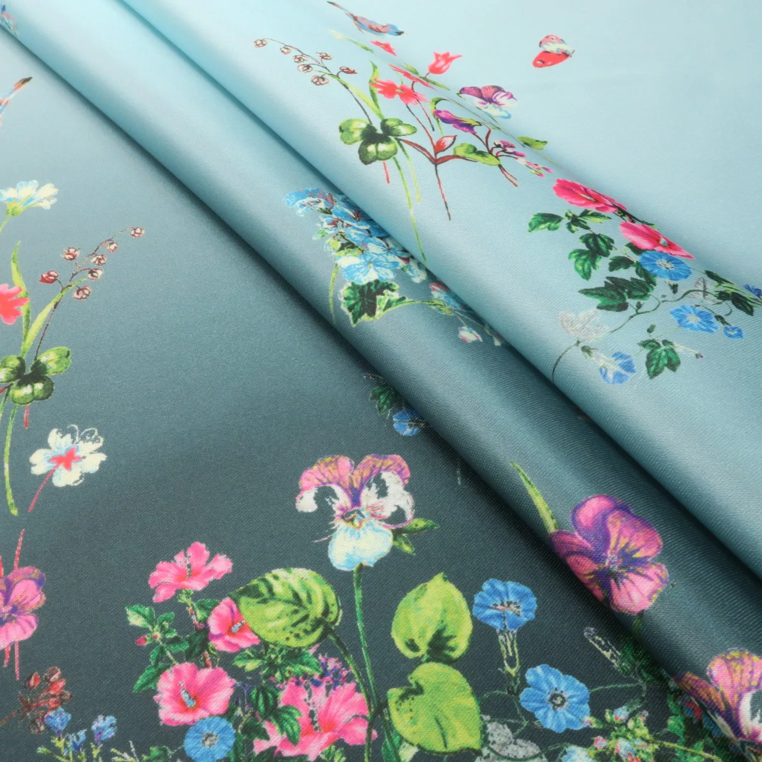 Pink Floral on Grey Printed Polyester Mikado Fabric