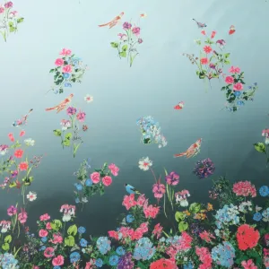 Pink Floral on Grey Printed Polyester Mikado Fabric
