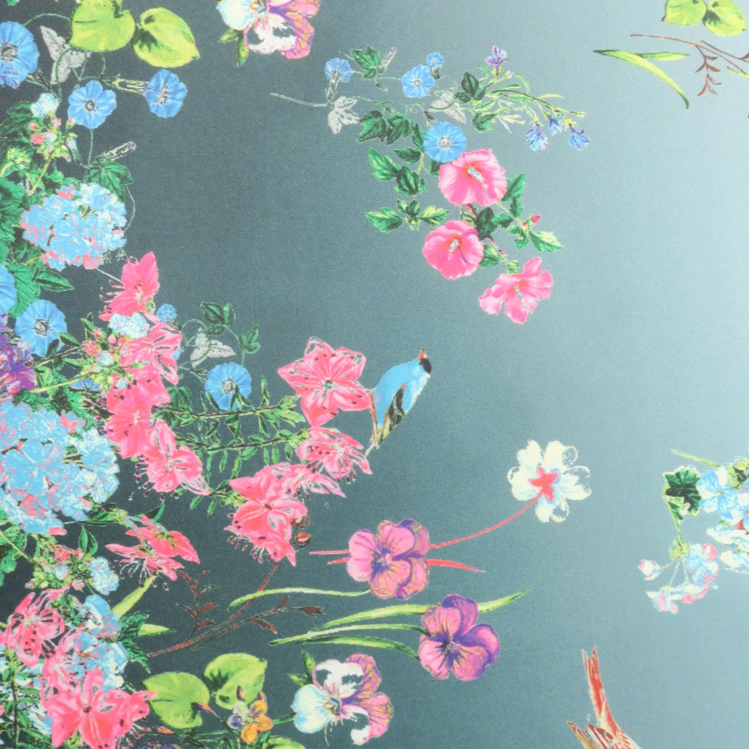 Pink Floral on Grey Printed Polyester Mikado Fabric