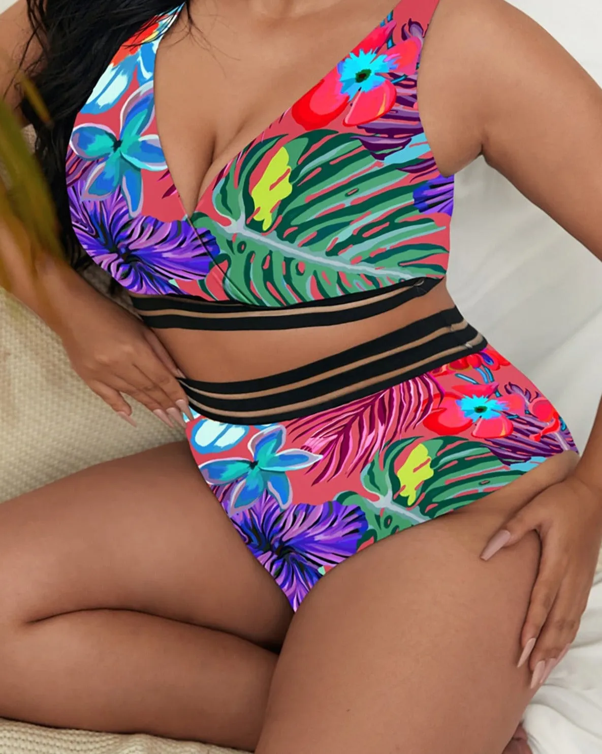 Printed Bikini Plus Size Large Size Swimwear Women Swimsuit Female Two-pieces Bikini set Bather Bathing Suit V3893