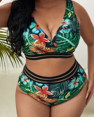 Printed Bikini Plus Size Large Size Swimwear Women Swimsuit Female Two-pieces Bikini set Bather Bathing Suit V3893