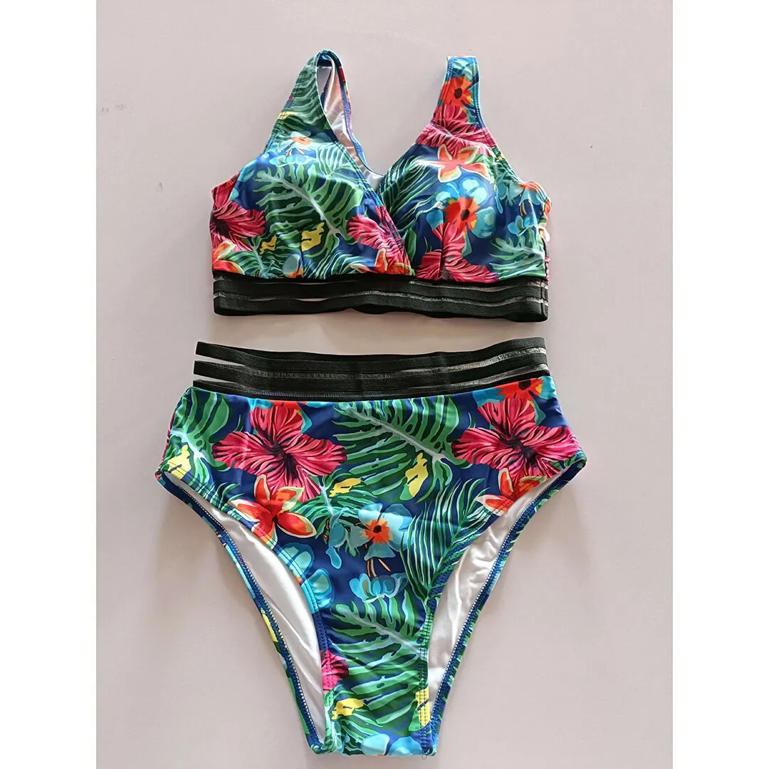 Printed Bikini Plus Size Large Size Swimwear Women Swimsuit Female Two-pieces Bikini set Bather Bathing Suit V3893