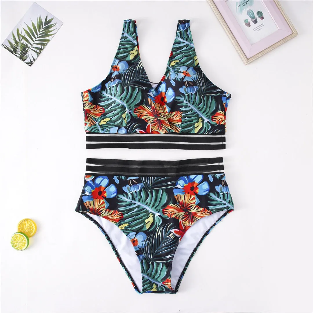 Printed Bikini Plus Size Large Size Swimwear Women Swimsuit Female Two-pieces Bikini set Bather Bathing Suit V3893