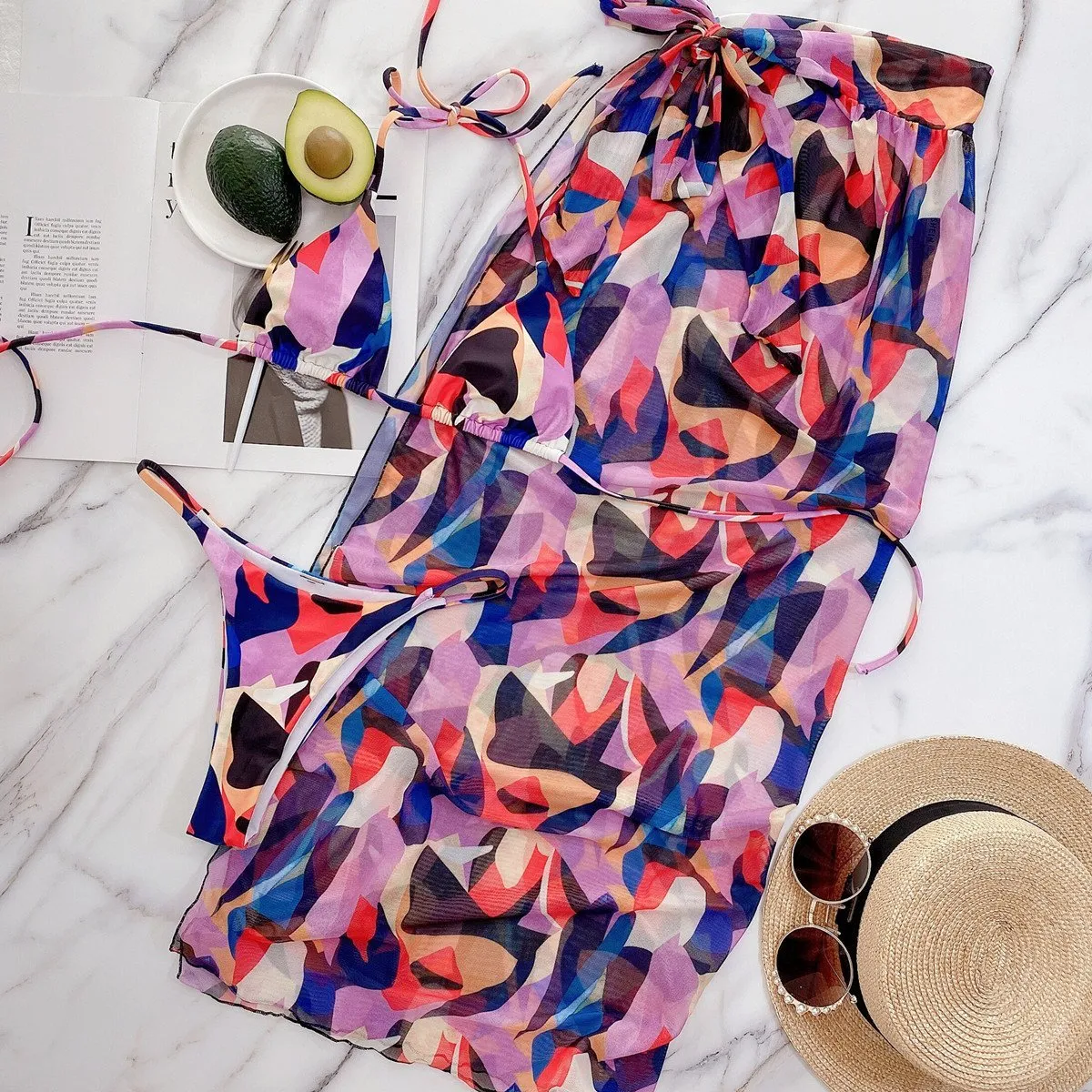 Printed Fashion 3PCs Bikini with Beach Cover-up