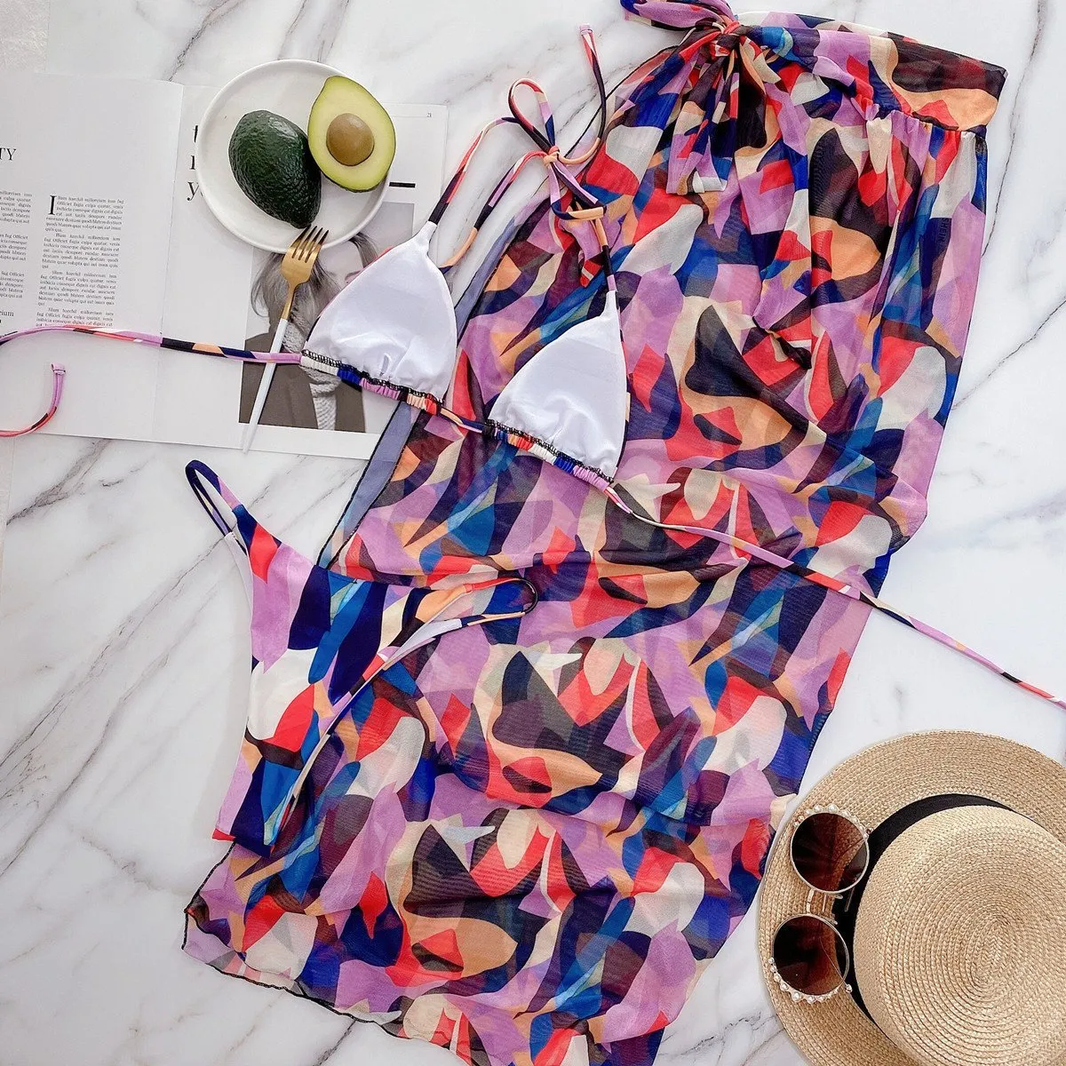 Printed Fashion 3PCs Bikini with Beach Cover-up