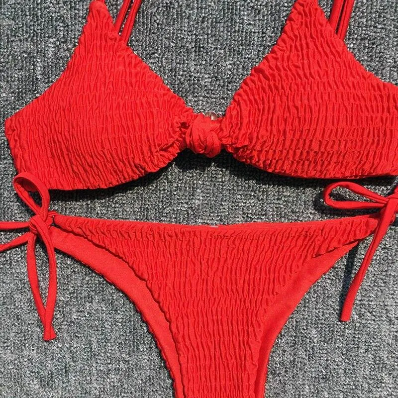 Red Ruched Swimwear Women String Halter Biquini