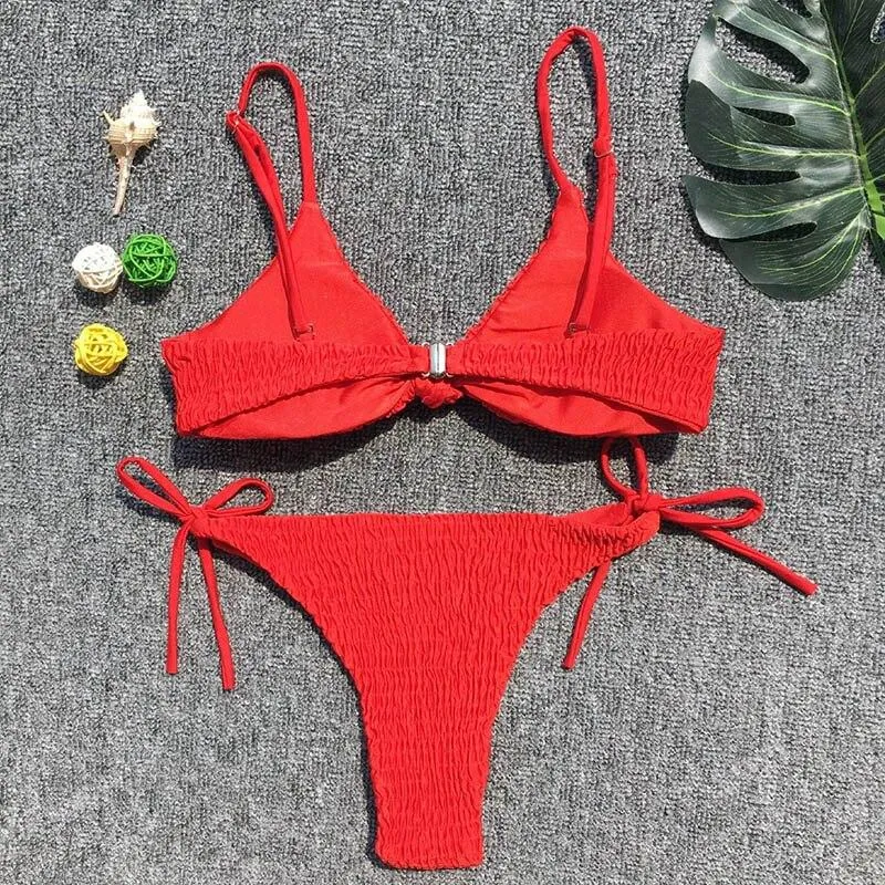 Red Ruched Swimwear Women String Halter Biquini