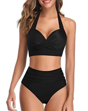 Retro Halter Twist Front Swimwear For Womens 2 Piece High Waisted Bikini-Black