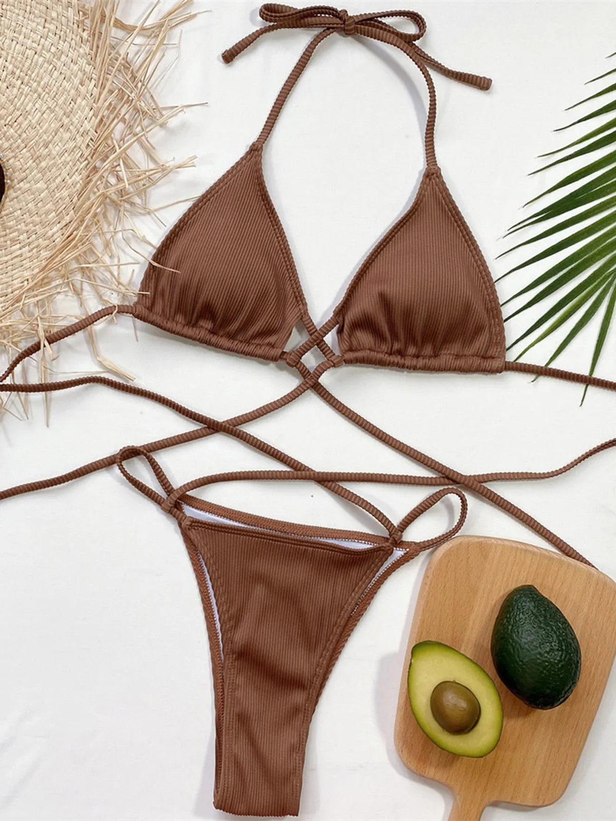 Ribbed Halter Bikini Female Swimsuit Women Swimwear Two-pieces Bikini set Wrap Around Bather Bathing Suit Swim V2956C