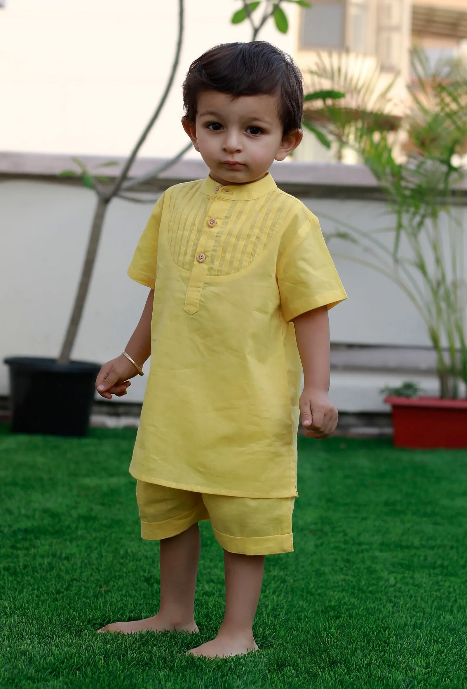 Set Of 2: Sunrise Yellow Cotton Shirt And Yellow Short