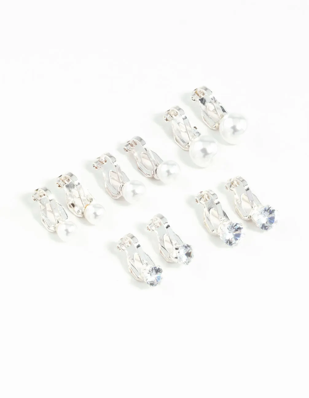 Silver Pearl & Diamante Clip On Earrings 5-Pack
