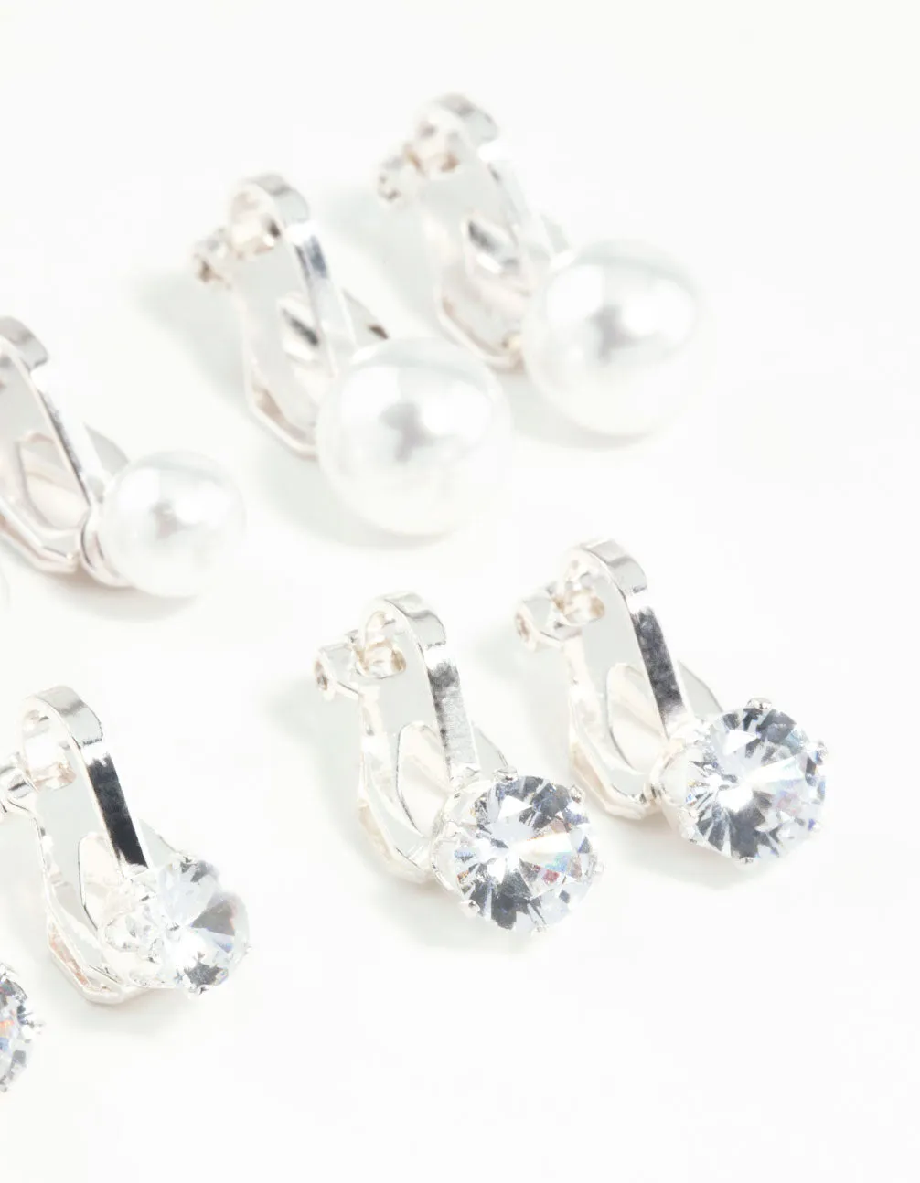 Silver Pearl & Diamante Clip On Earrings 5-Pack