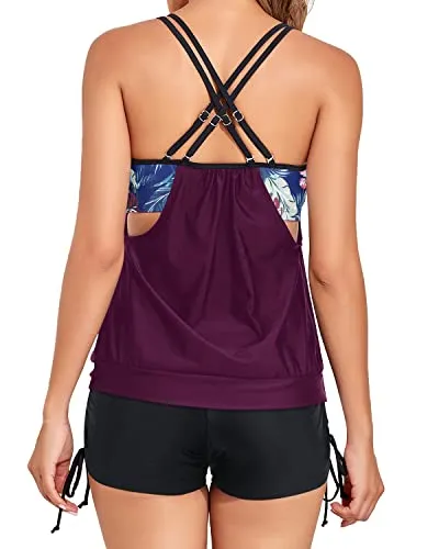 Sporty Blouson Swim Tank Top With Boy Shorts Bathing Suit-Wine Red Leaves